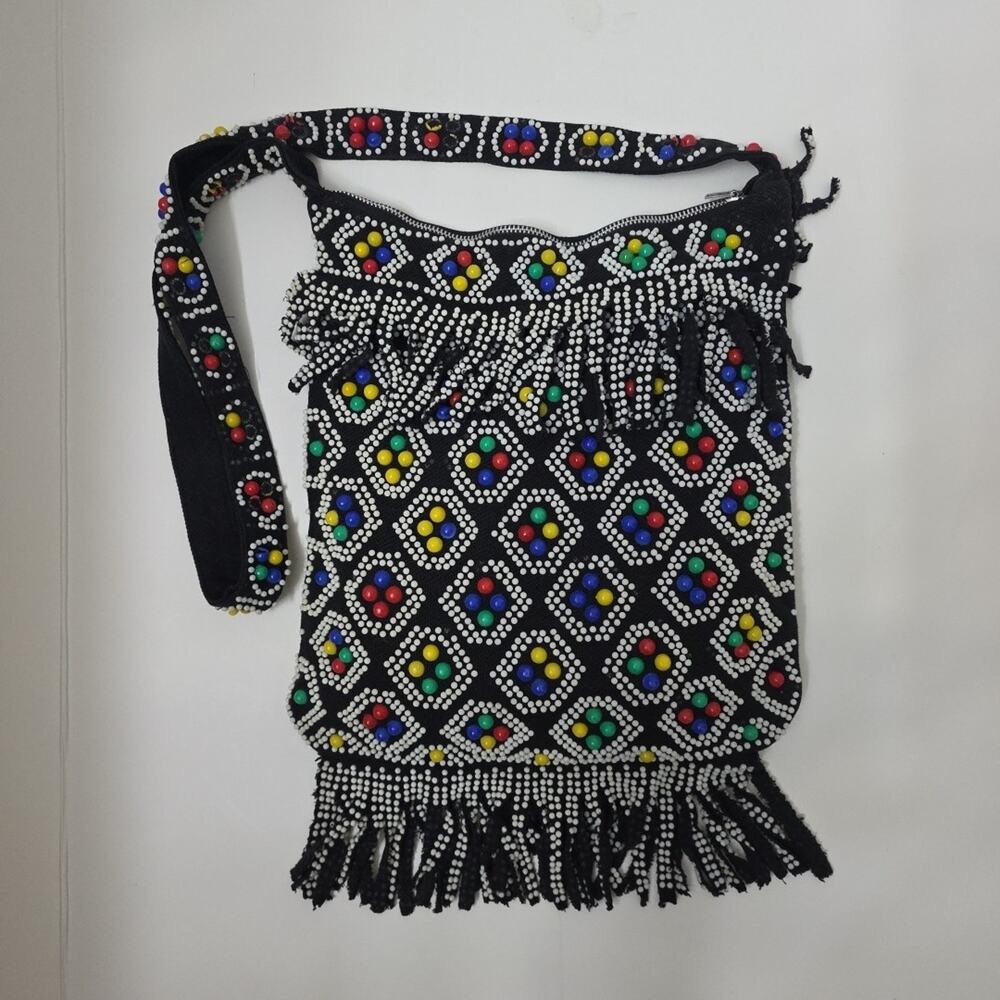 Vintage Beaded Candy Dot Purse Shoulder Bag Fringe Zipper Black Hippie Boho - Picture 11 of 12